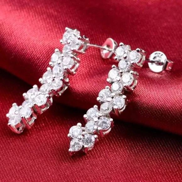NEW 925 STERLING SILVER DIAMOND LONG HOOP EARRINGS - Picture 3 of 5